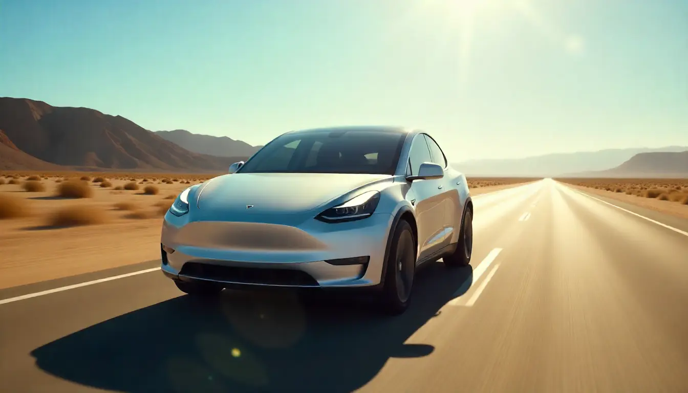 Tesla Model Y driving on a scenic road representing performance and speed.