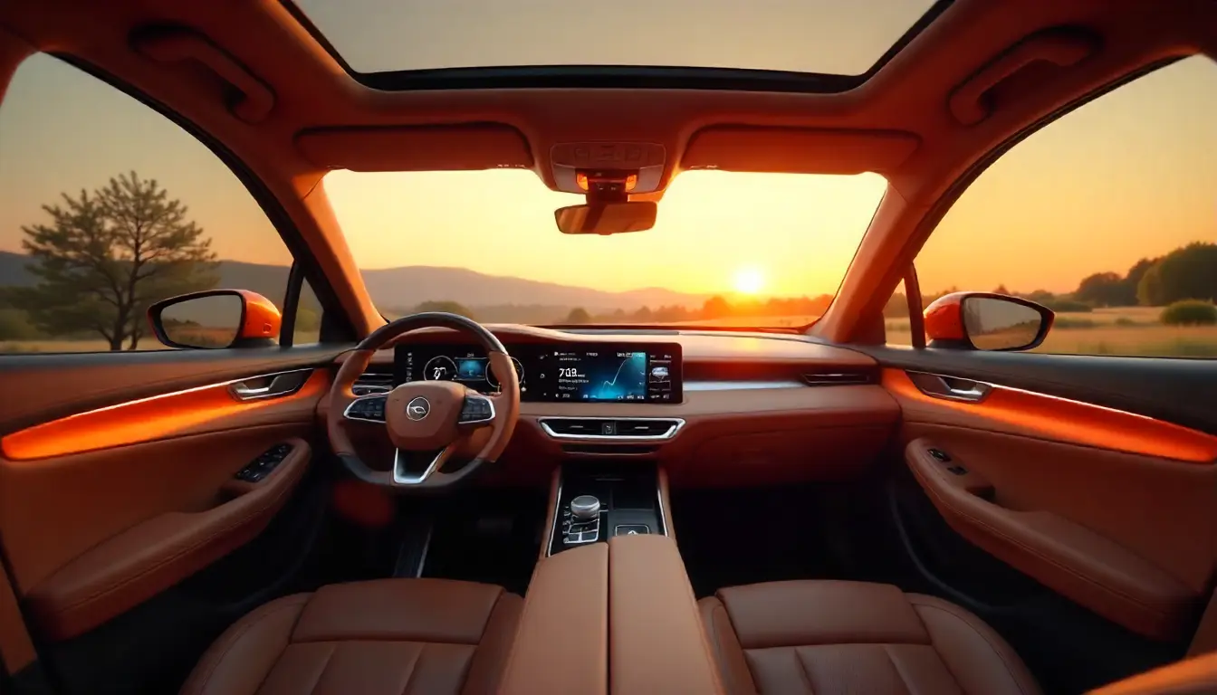 Luxury SUV interior with leather seats, digital dashboard, and advanced infotainment system