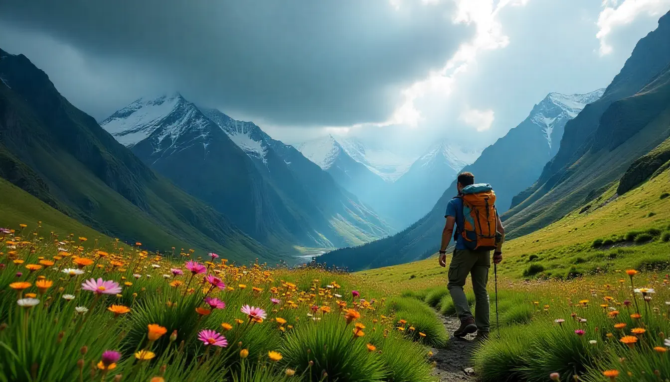 Colorful alpine flowers blooming in the Valley of Flowers trek.