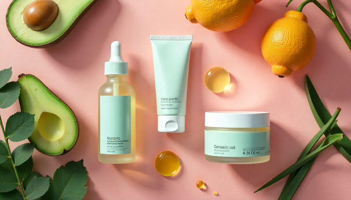 Flat lay of vegan skincare products with natural ingredients like aloe vera, green tea, and oils.