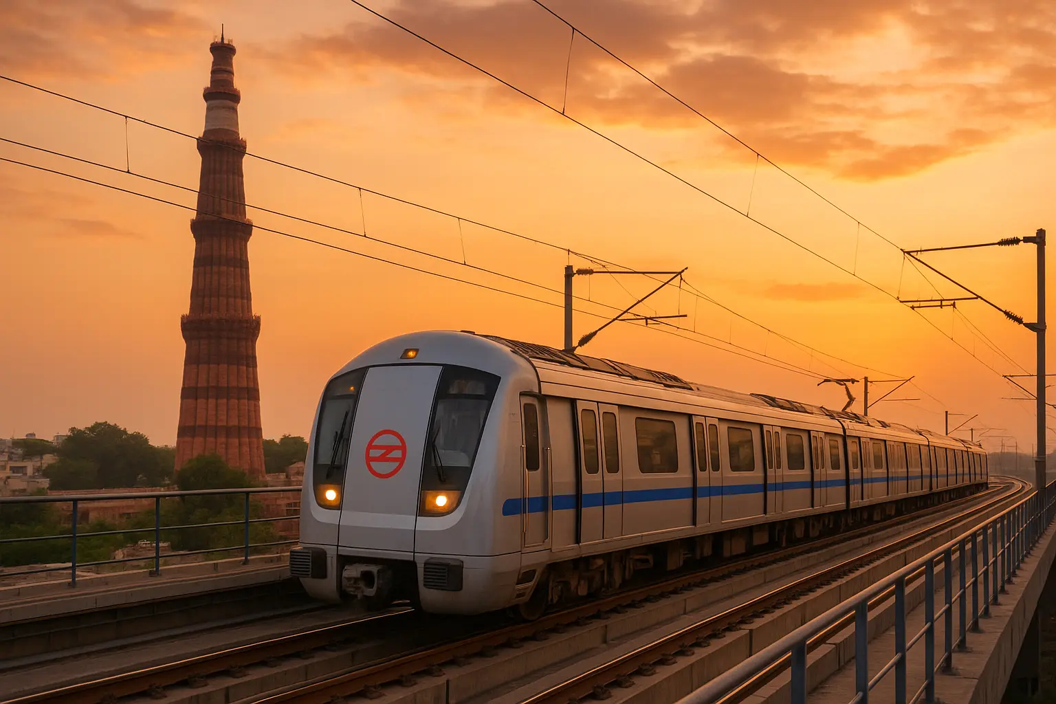 Delhi Metro train passing near Qutub Minar