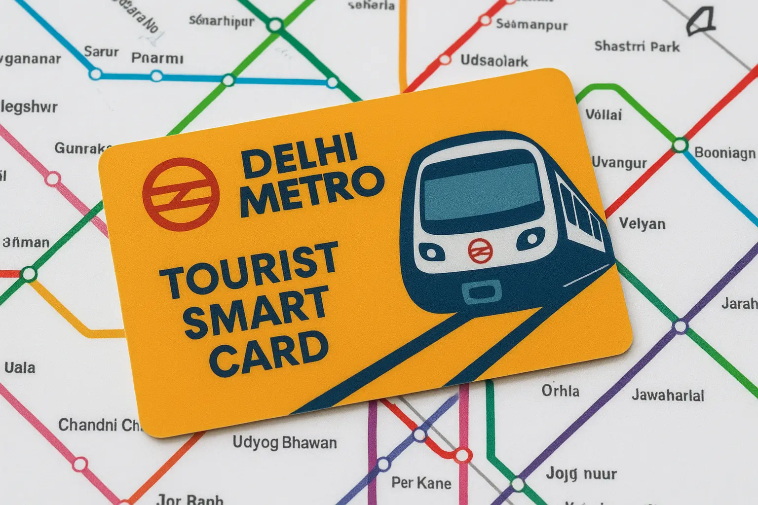 Delhi Metro Tourist Card placed on a metro route map for unlimited travel