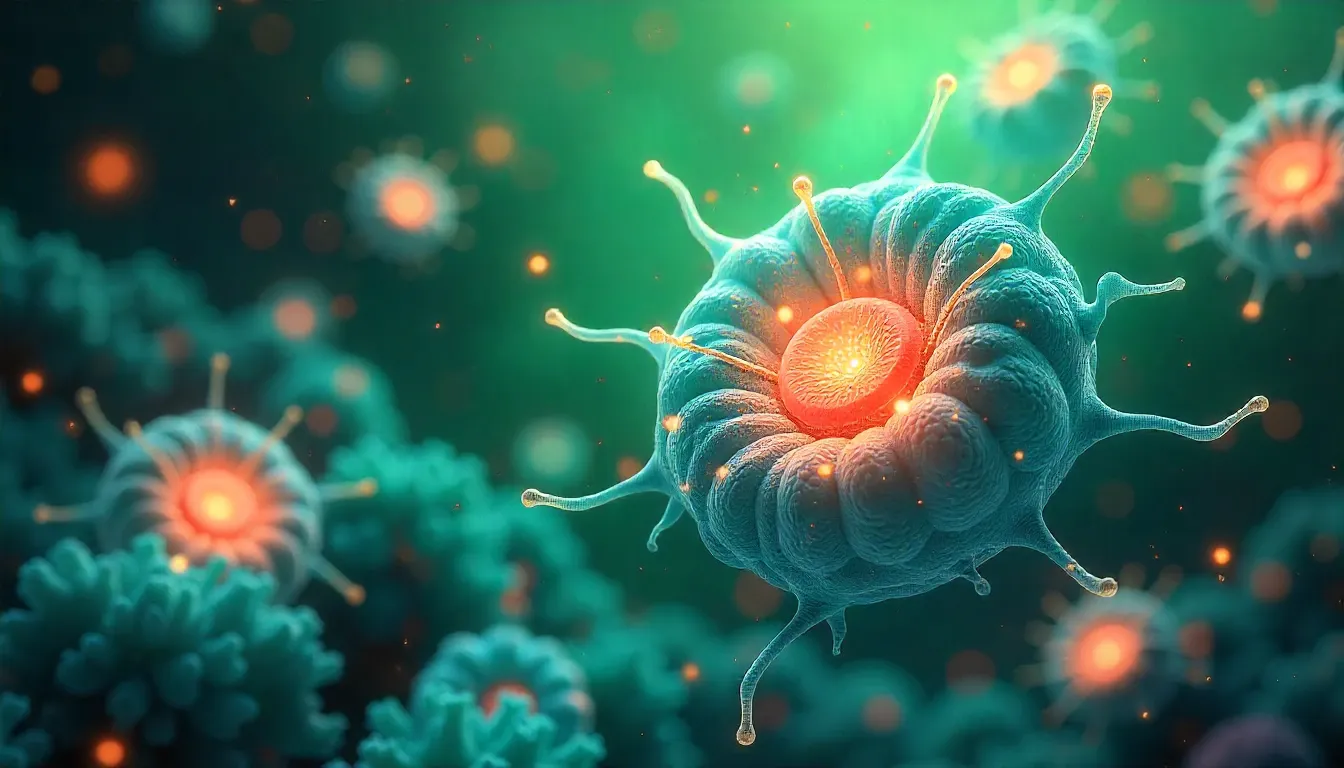 Glowing mitochondria with Mitolyn ingredients, showing does Mitolyn really work for mitochondrial health and belly fat loss