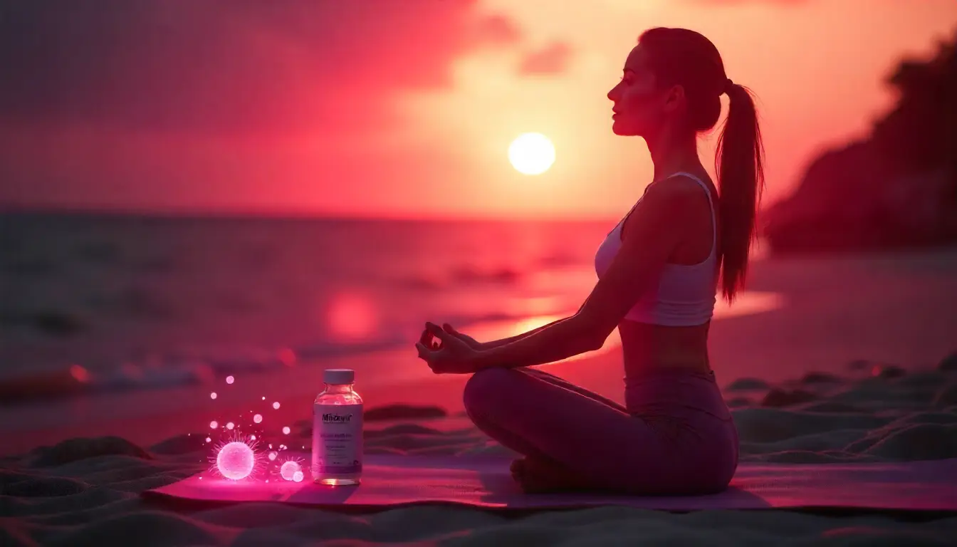 Young woman practicing yoga with Mitolyn supplement bottle, glowing mitochondria particles symbolizing energy and weight loss.