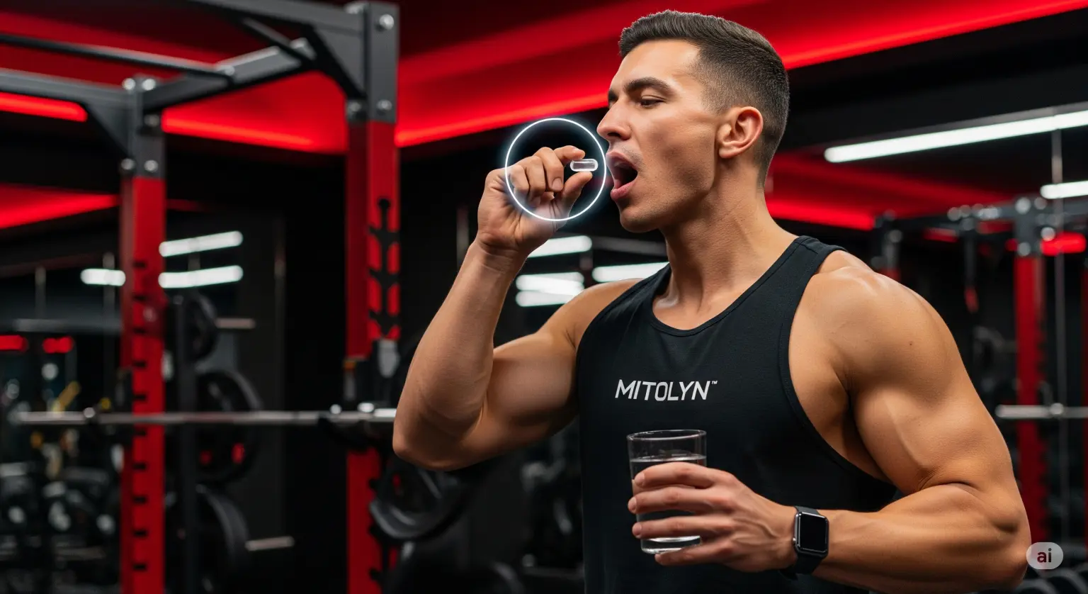 A muscular man in a gym taking a pill labeled "MITOLYN" while holding a glass of water.
