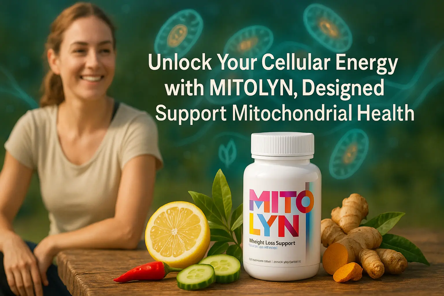 Mitolyn supplement bottle with natural herbs and mitochondria visuals for energy support