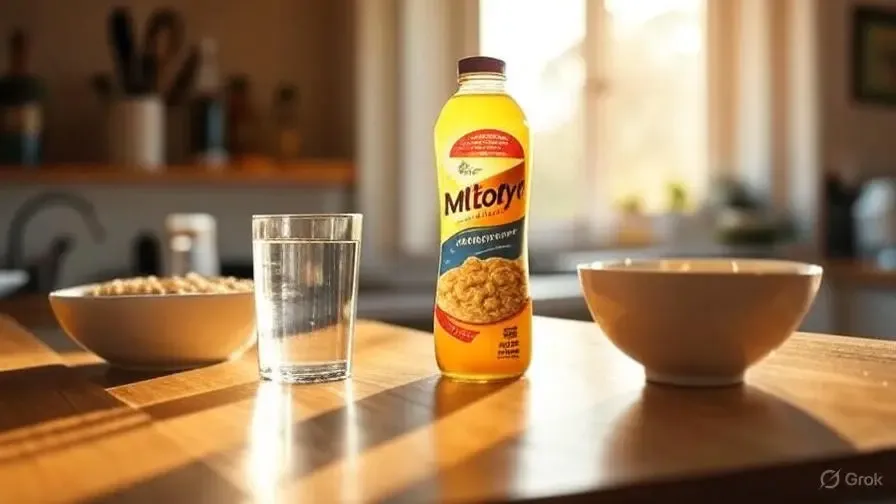 Bottle of Mitolyn drink on a breakfast table with cereal and water in warm sunlight.