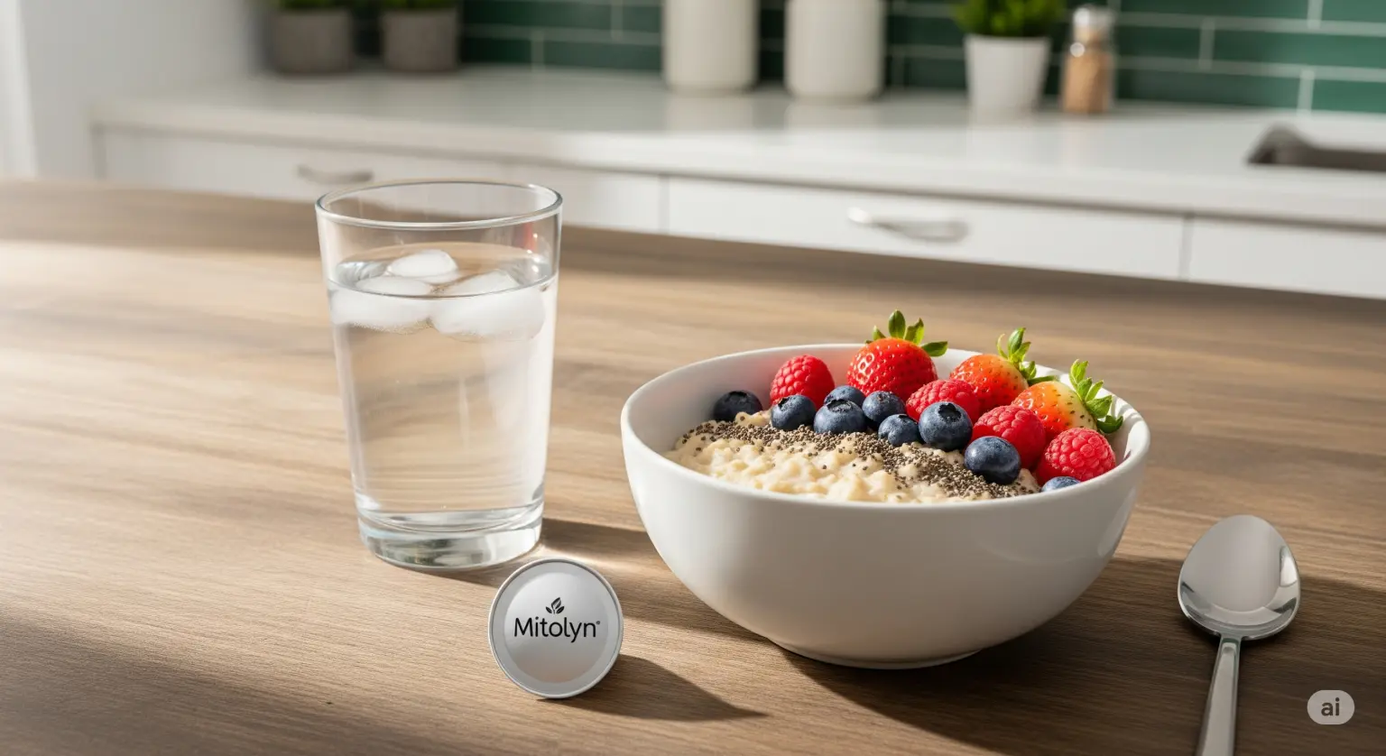 Healthy breakfast setup with Mitolyn supplement, showing does Mitolyn work without diet changes