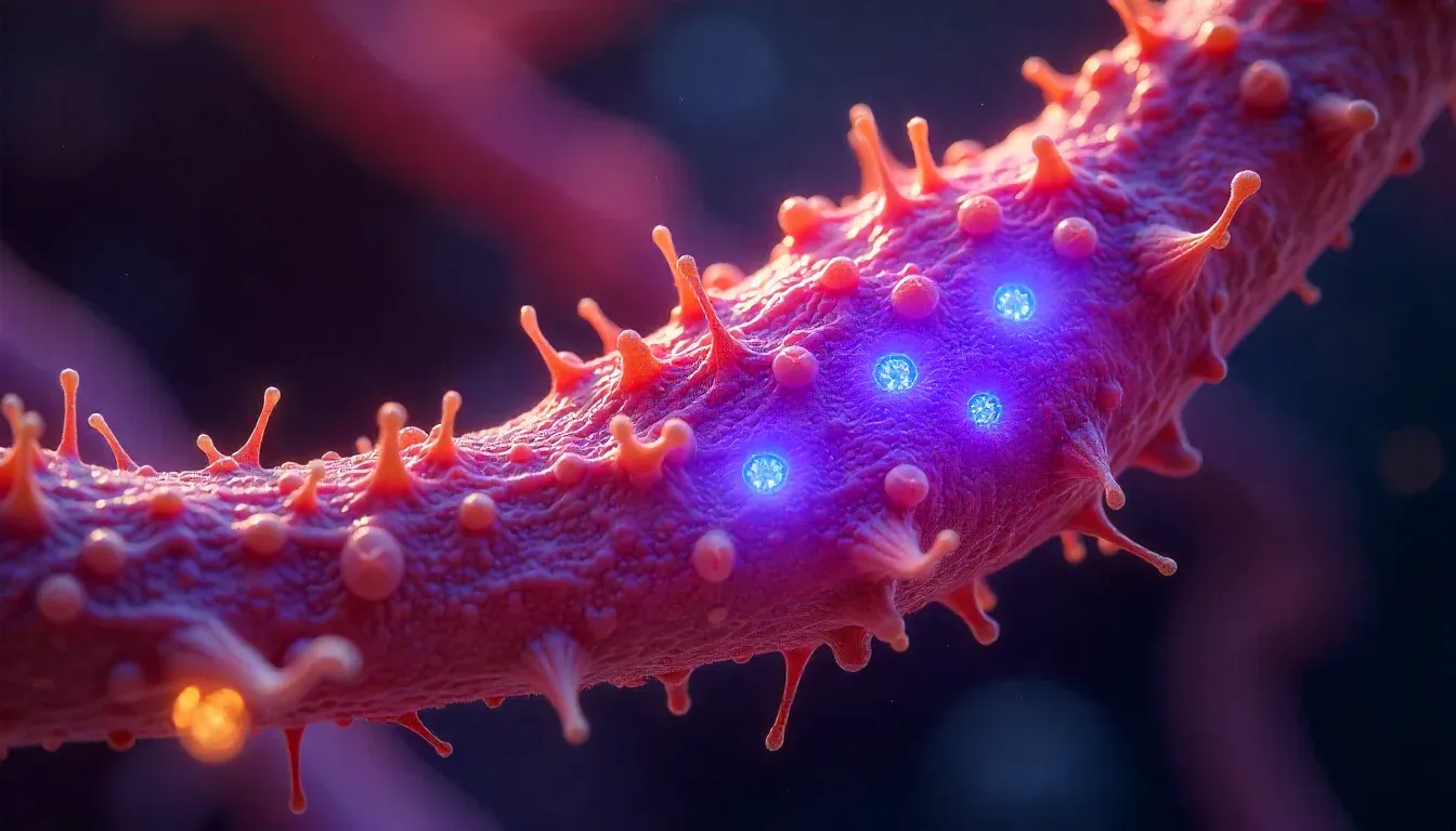 Glowing cell structures in blue and purple tones.