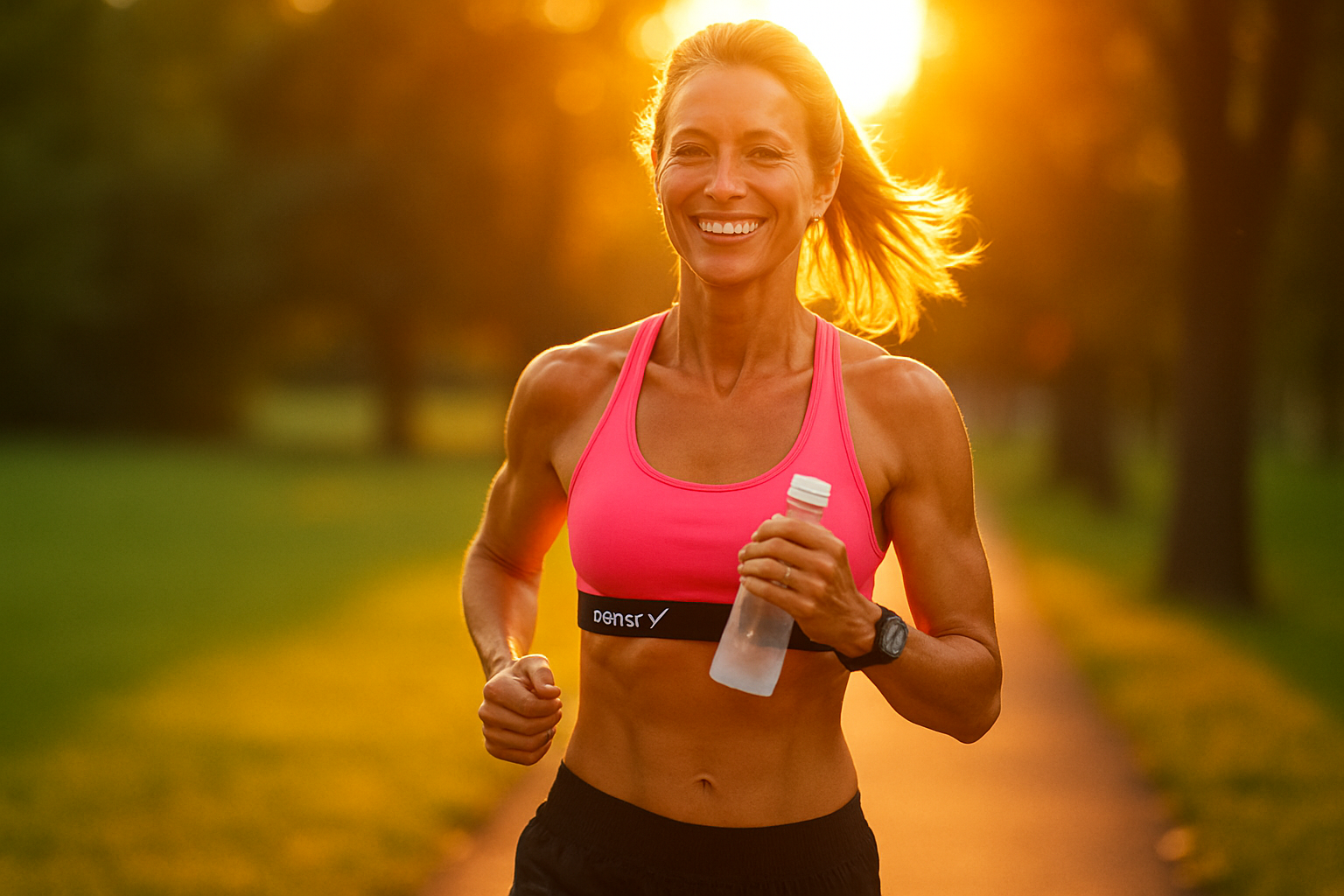Woman jogging in a park, energized by Mitolyn supplement for mitochondrial health, available at the Mitolyn official site.