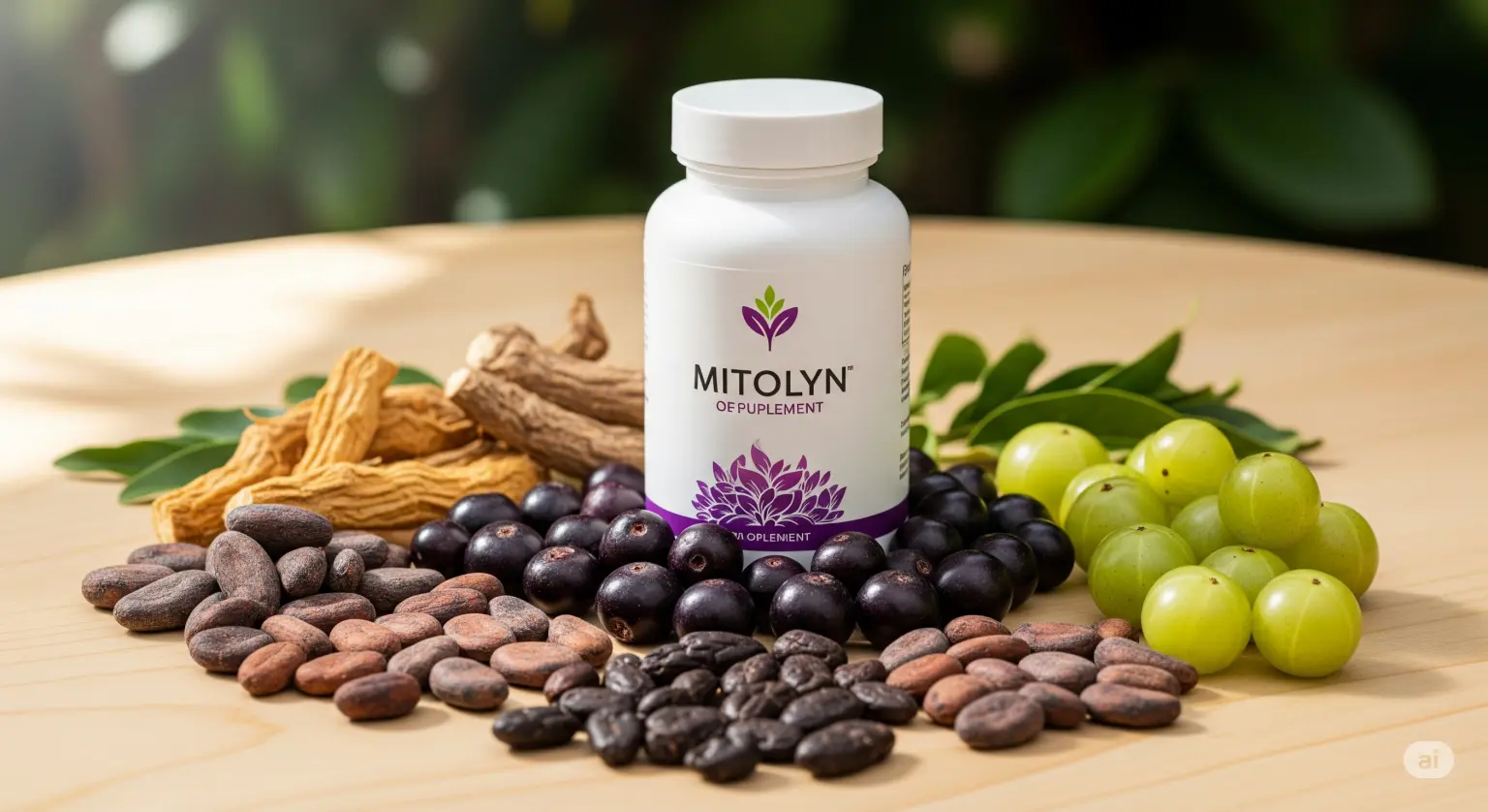 A white bottle of "MITOLYN" supplement surrounded by natural ingredients like cocoa beans, dried roots, black berries, and gooseberries on a wooden surface.