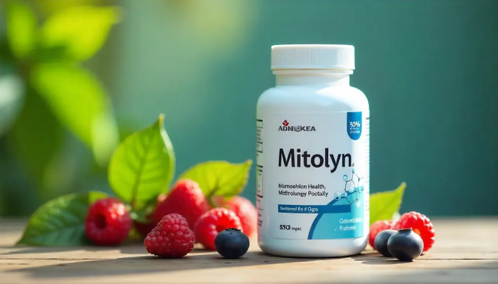 Mitolyn supplement bottle with fresh raspberries and blueberries on a wooden table.