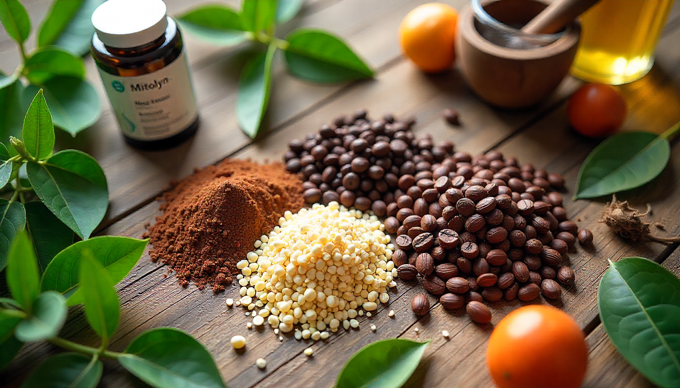 Mitolyn weight loss supplement bottle surrounded by natural ingredients like Maqui Berry and Rhodiola for fat burning and energy.