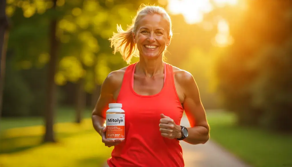 Woman jogging with Mitolyn supplement bottle, showcasing energy and fat loss through mitochondrial health.