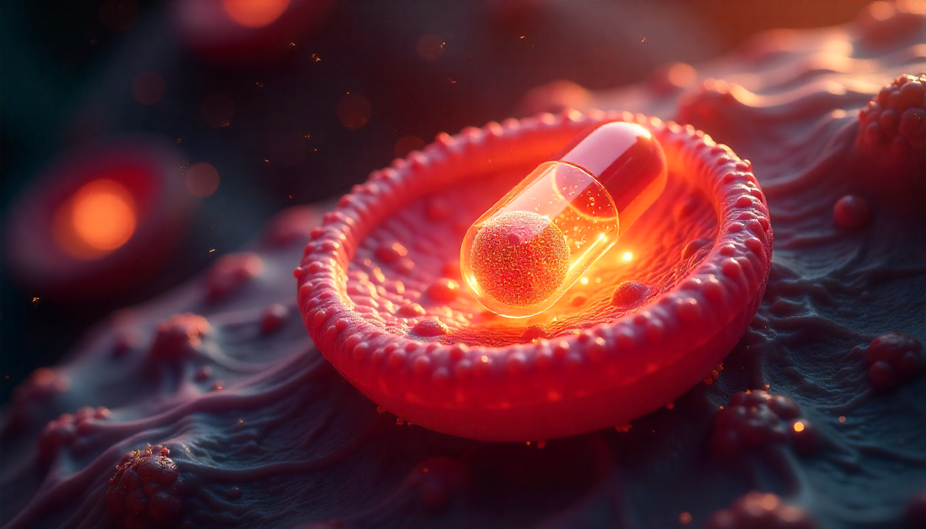 Mitolyn capsule next to glowing mitochondria inside a human cell, representing energy and metabolism support.