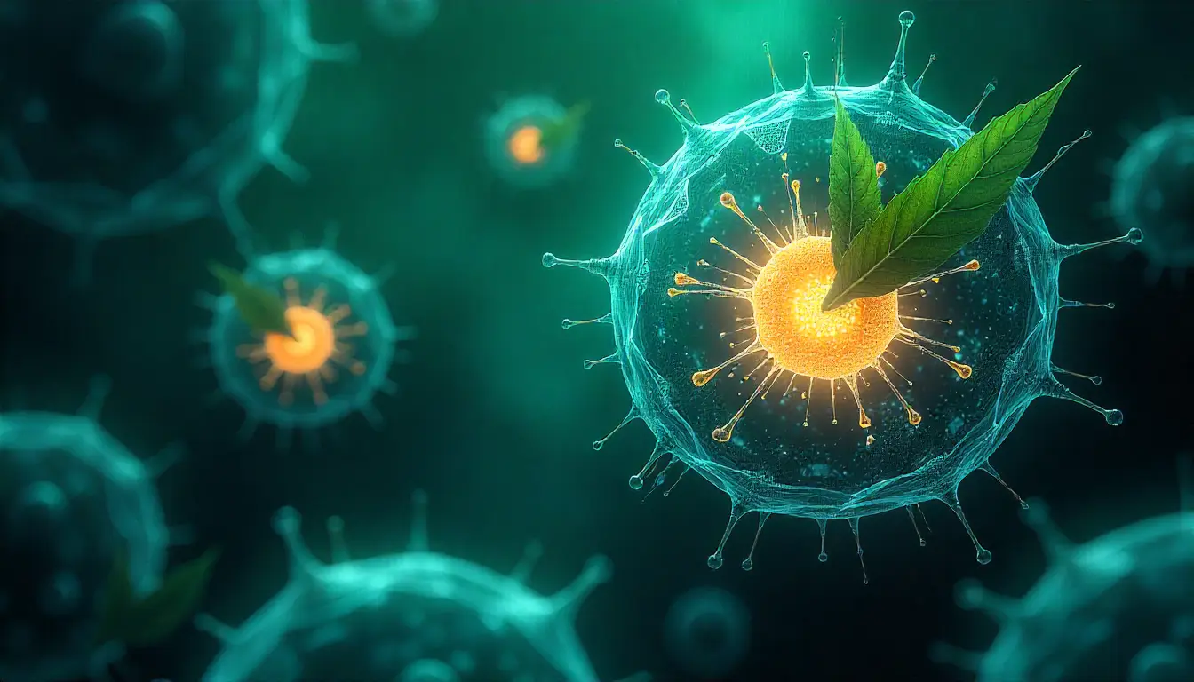 Mitolyn supplement concept showing glowing mitochondria cells with natural green tea leaf for energy and metabolic health support