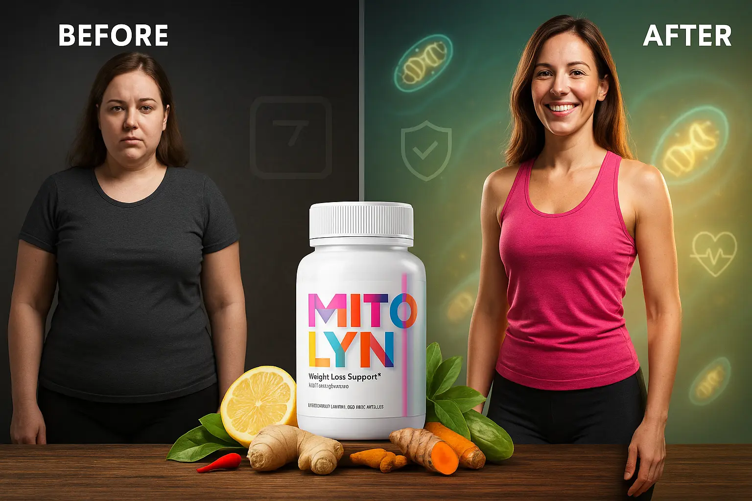 Before-and-after Mitolyn testimonial image showing woman’s weight loss journey results