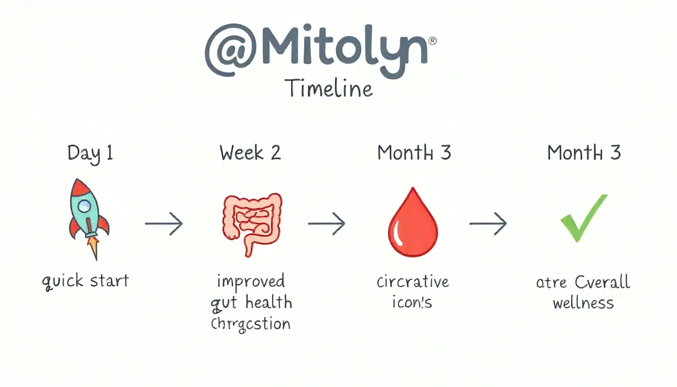 Mitolyn supplement timeline infographic showing benefits from day 1 to month 3.