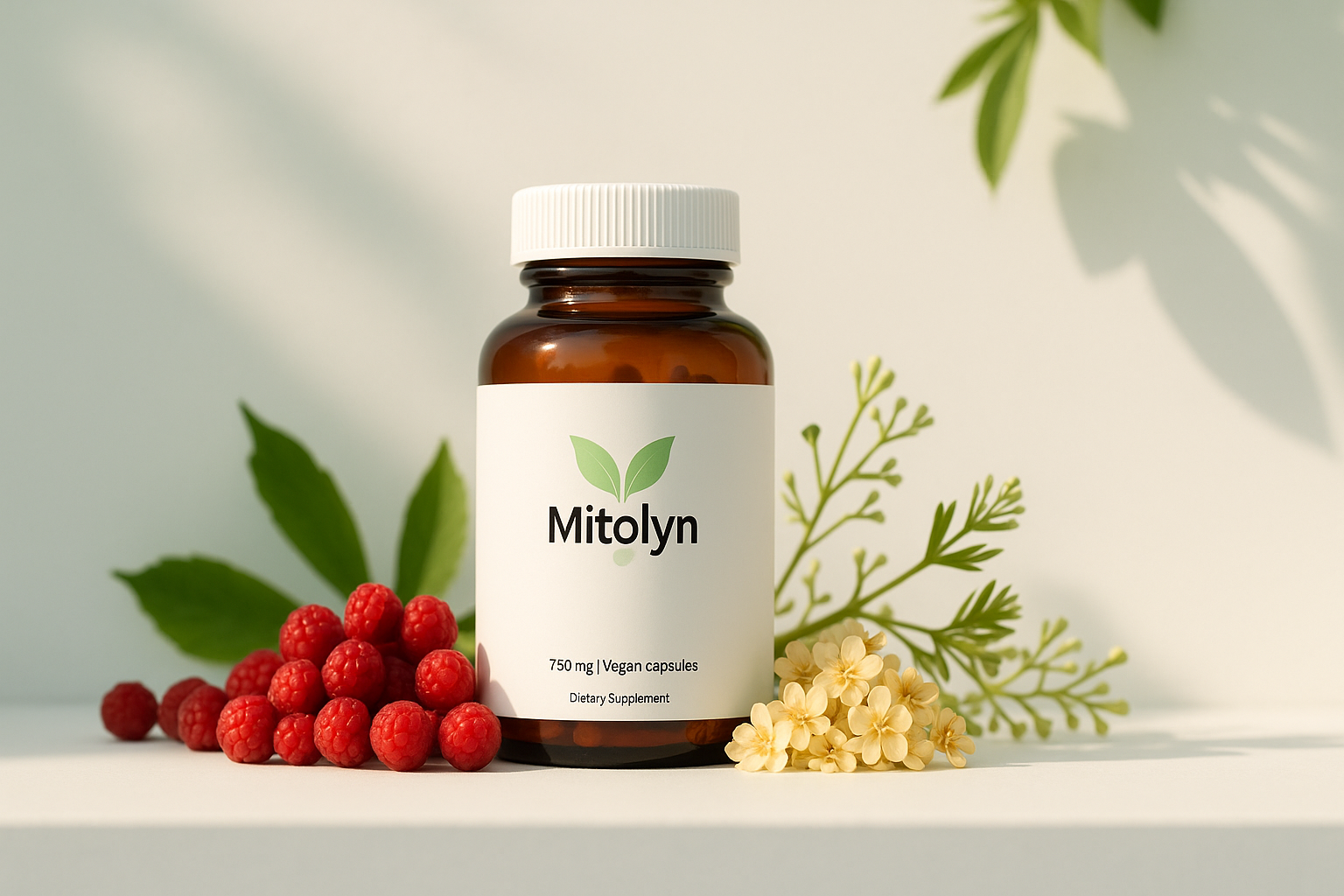 Mitolyn weight loss vegan capsules bottle with raspberries and flowers on a natural background