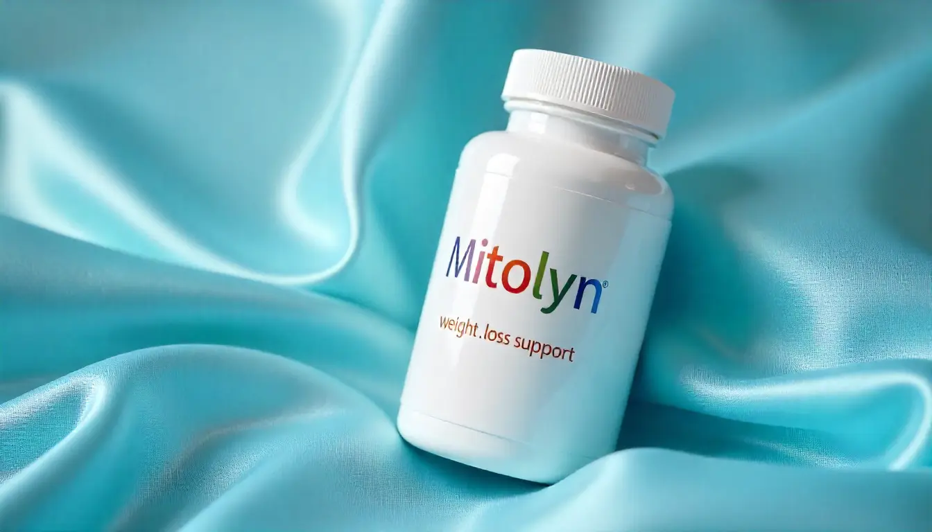 Mitolyn weight loss support supplement bottle on silky blue fabric background.