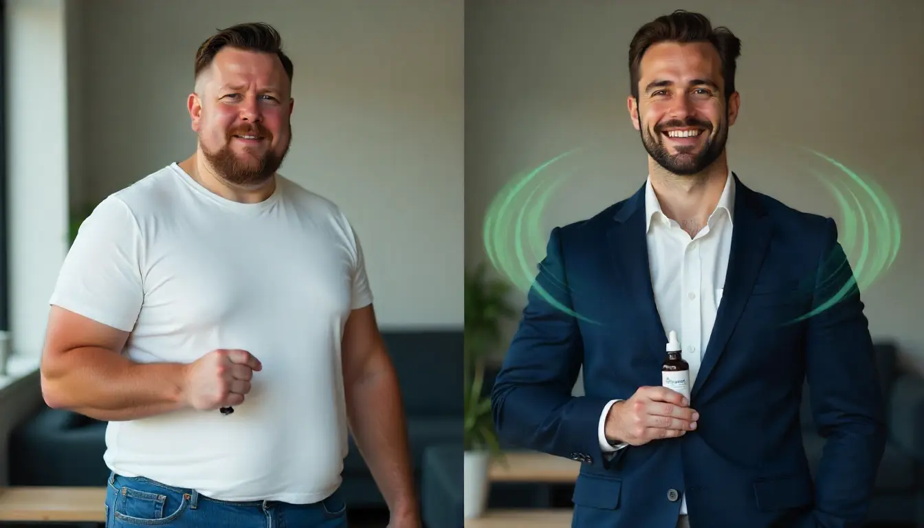 Before and after transformation of a man using Mitolyn supplement.
