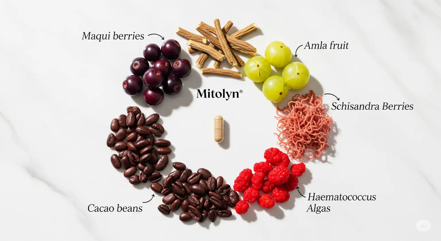 Mitolyn supplement ingredients including maqui berry and rhodiola for natural mitochondrial support