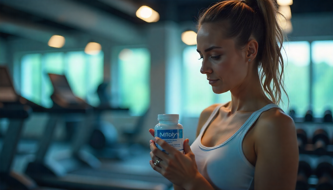 Woman holding Mitolyn bottle in a gym, exploring if Mitolyn is safe for women and weight loss.