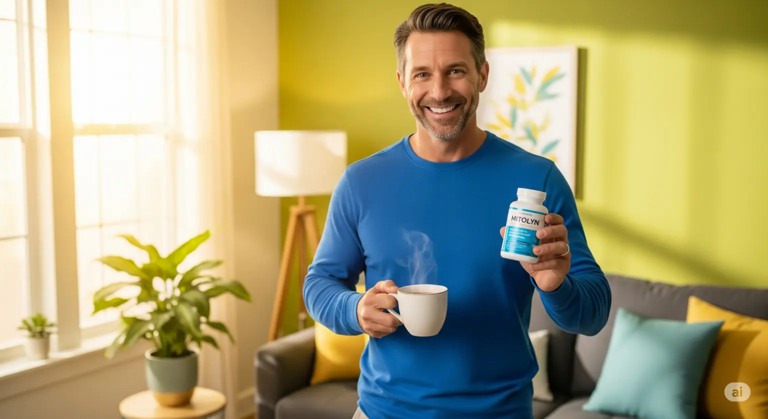Smiling man holding Mitolyn supplement bottle and coffee cup in a bright living room.