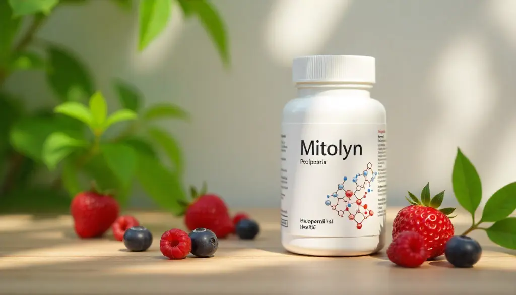 Mitolyn supplement bottle surrounded by fresh berries and green leaves on a wooden table.