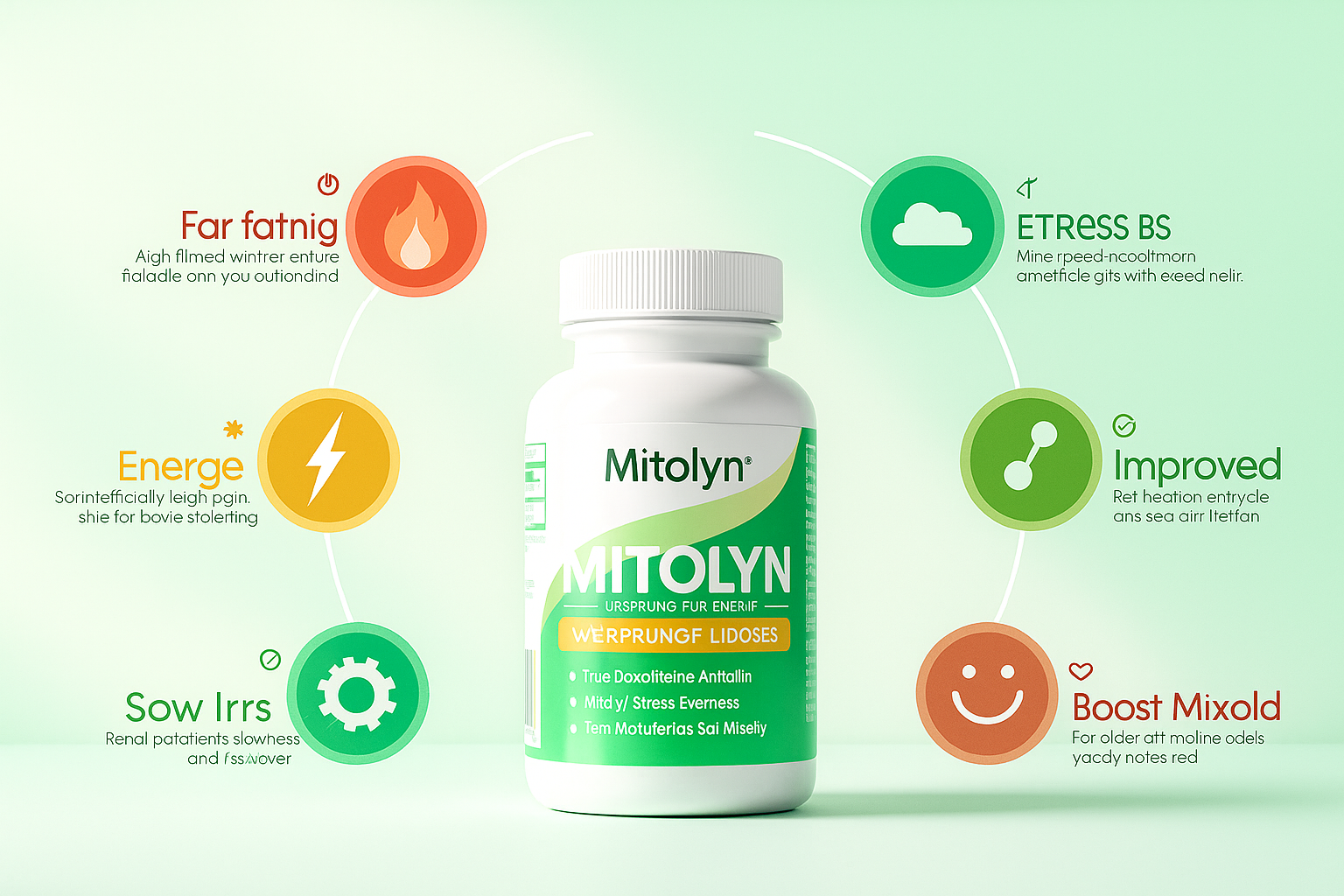 Mitolyn benefits infographic with bottle and icons for energy, stress relief, and mood boost, questioning if Mitolyn is safe for weight loss.