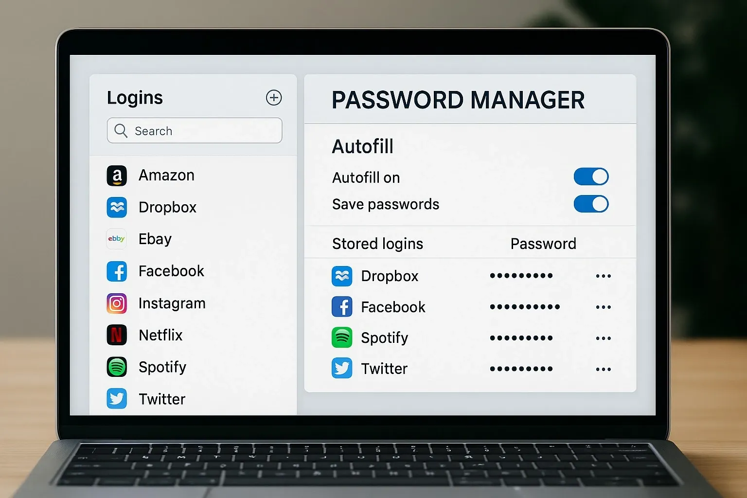 Example of a password manager dashboard with logins saved.