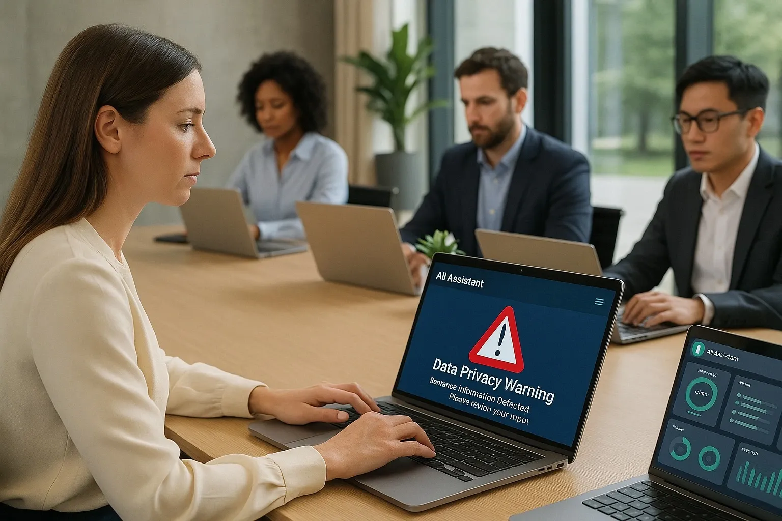 Business team using laptops with AI assistants, showing data privacy warning about sensitive company data risk.