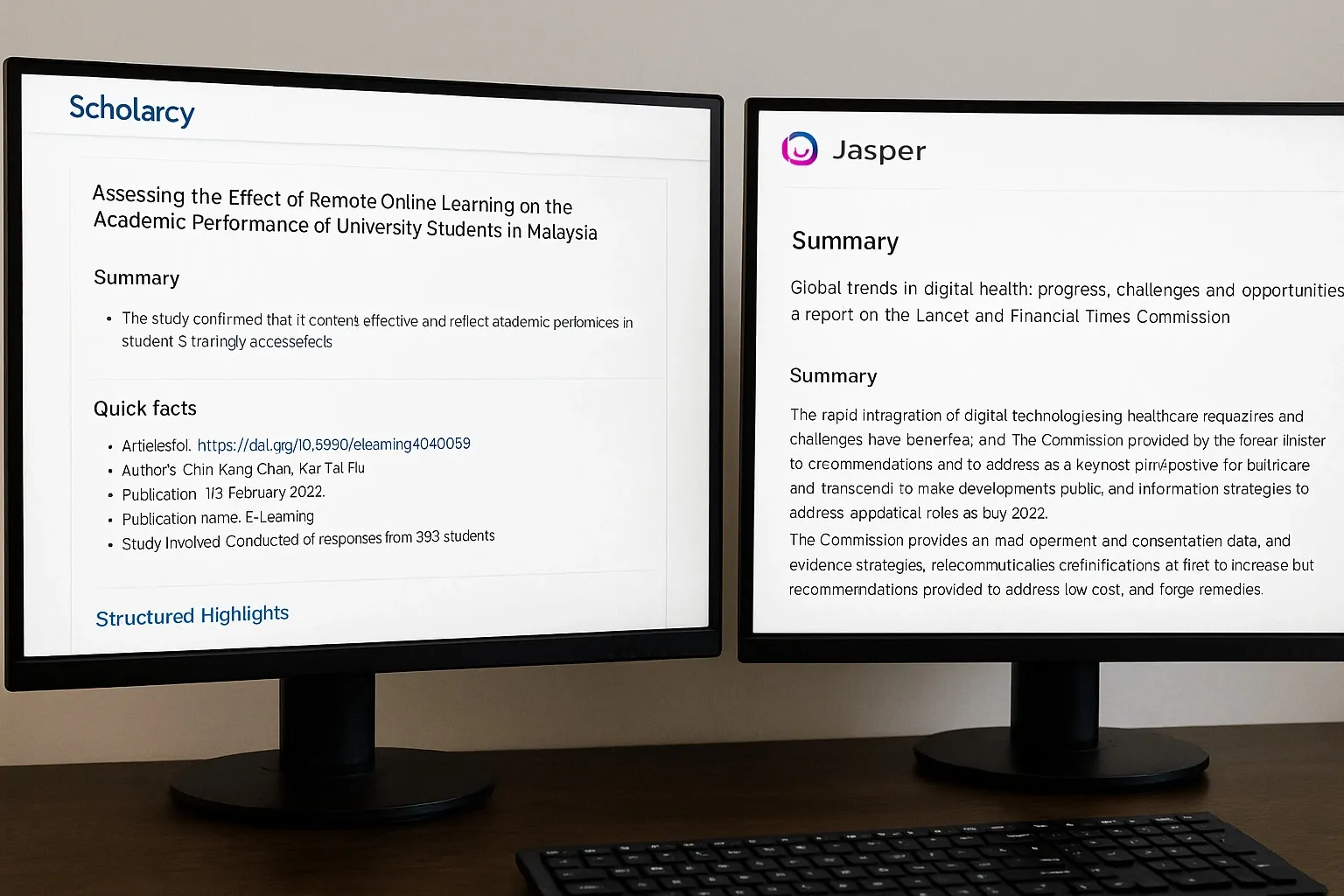 Multiple AI-powered research tools summarizing reports.