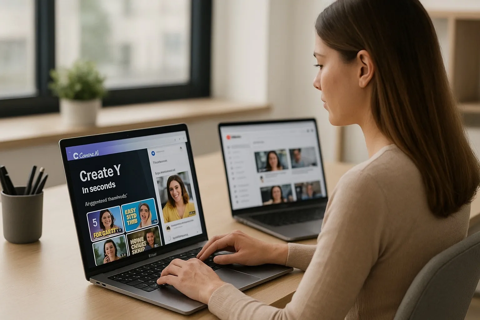 Woman using AI tools on a laptop to create social thumbnails for YouTube videos