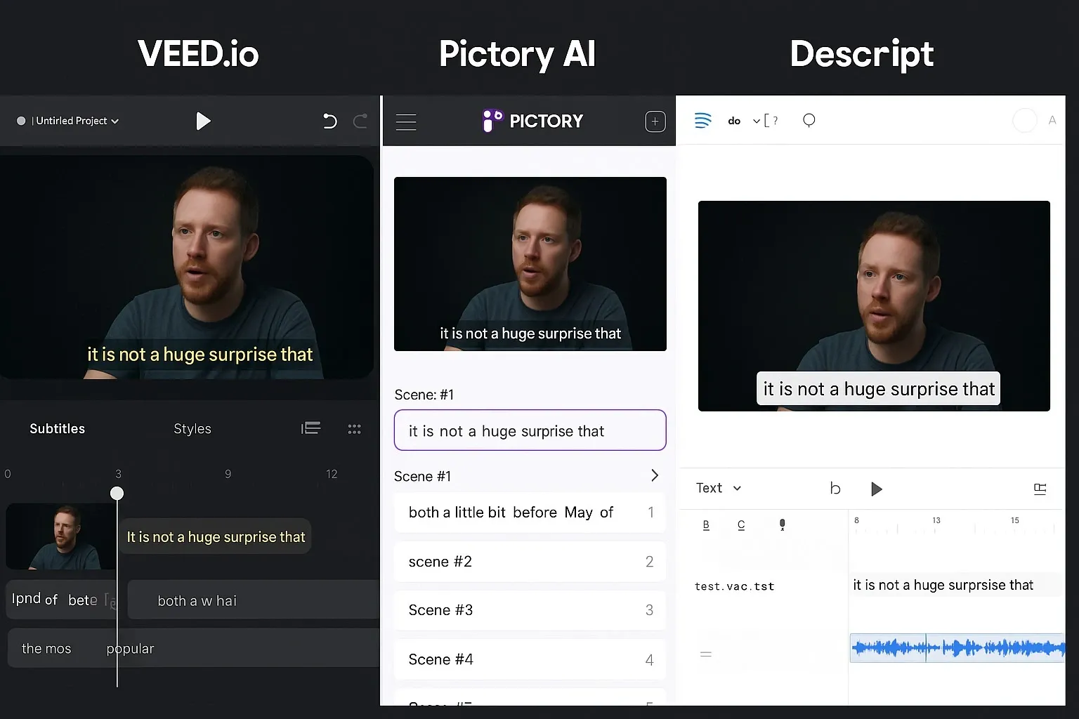 Comparison of AI video tools (VEED.io, Pictory AI, and Descript) used to make short clips for socials with subtitles.