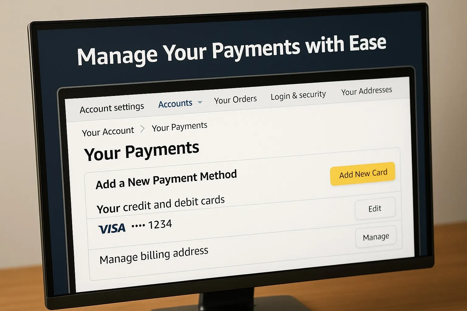 Amazon 'Your Payments' dashboard showing default payment method.