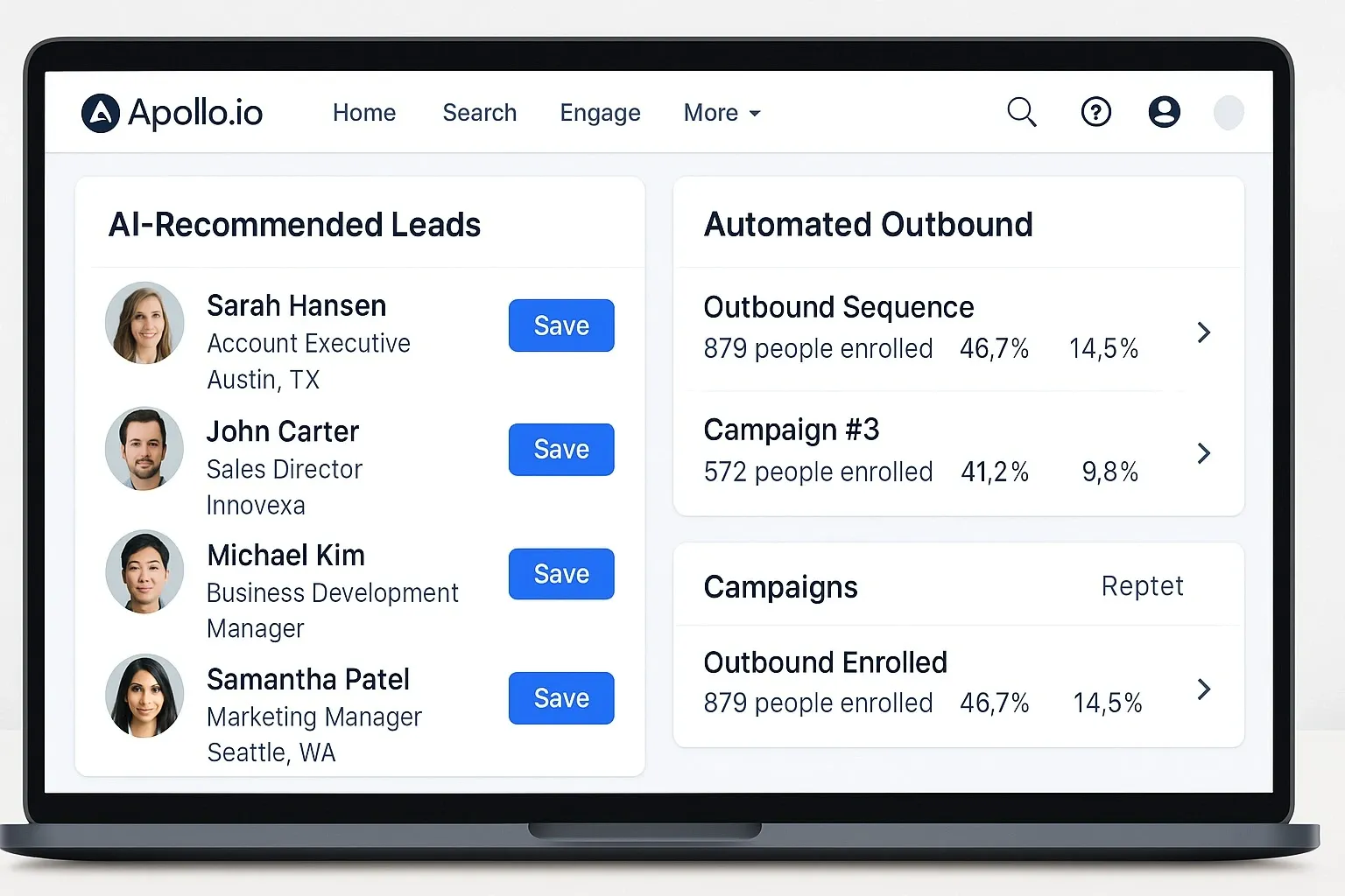 Apollo.io prospecting dashboard with AI-suggested leads.