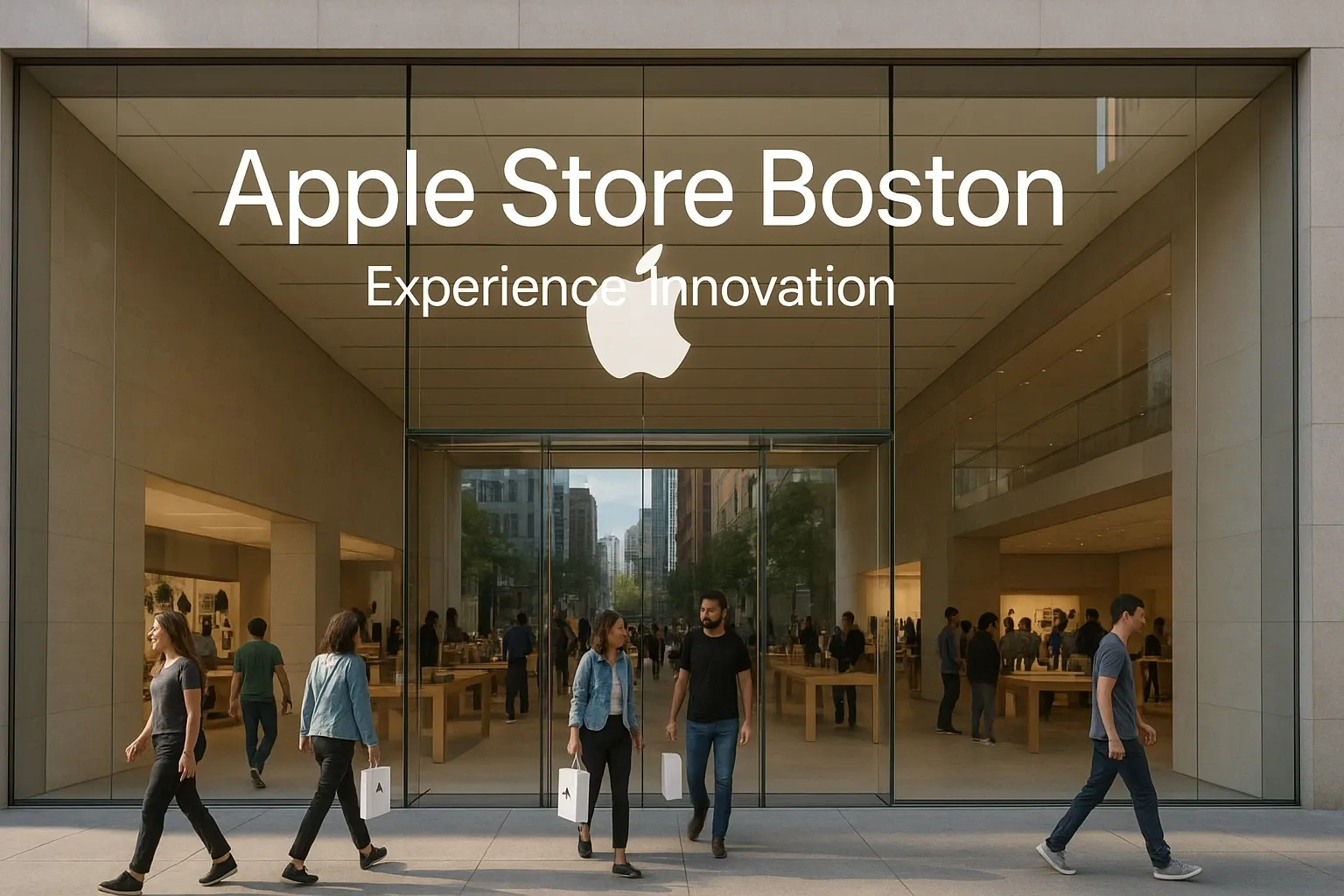 Image of the Apple Store Boston exterior with people entering and exiting, showcasing a modern design and the slogan "Experience Innovation.