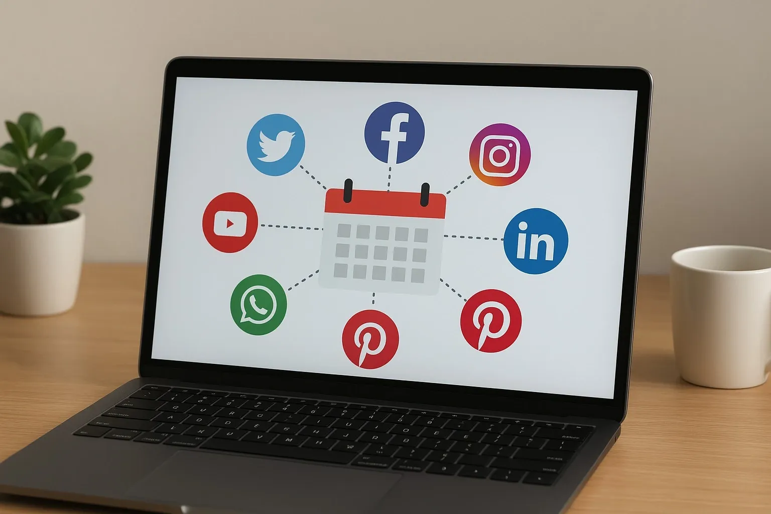 Social media icons connected to a digital content calendar.