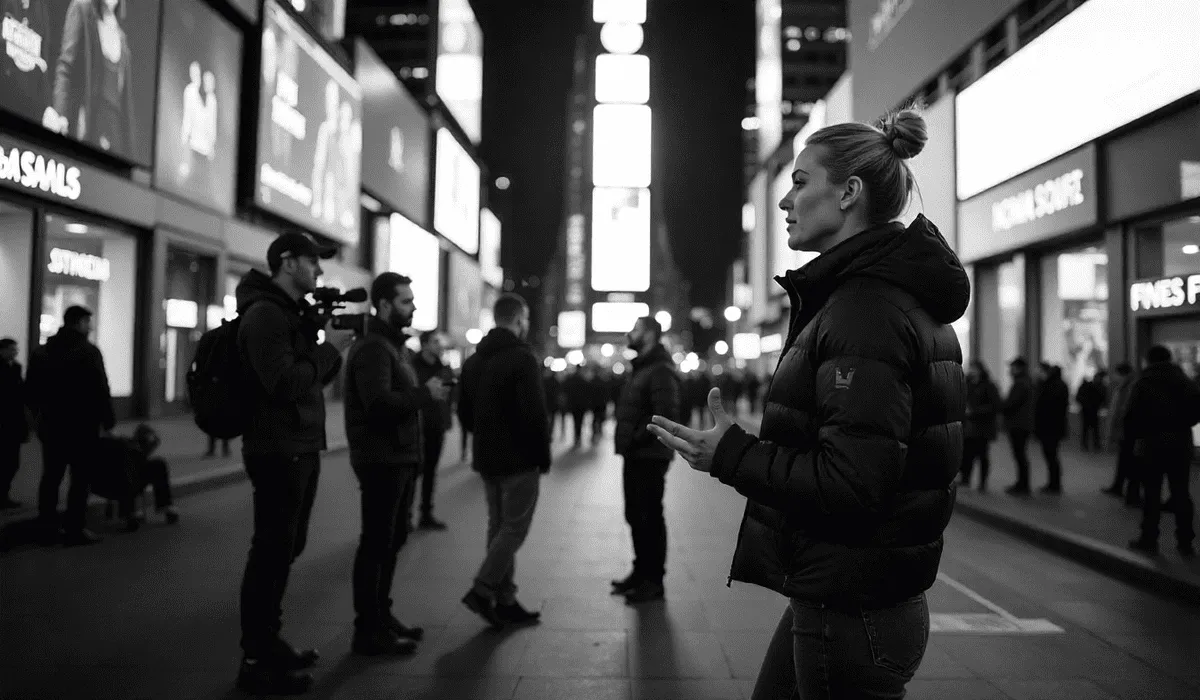 Behind-the-scenes movie set in New York with actors, crew, and film cameras