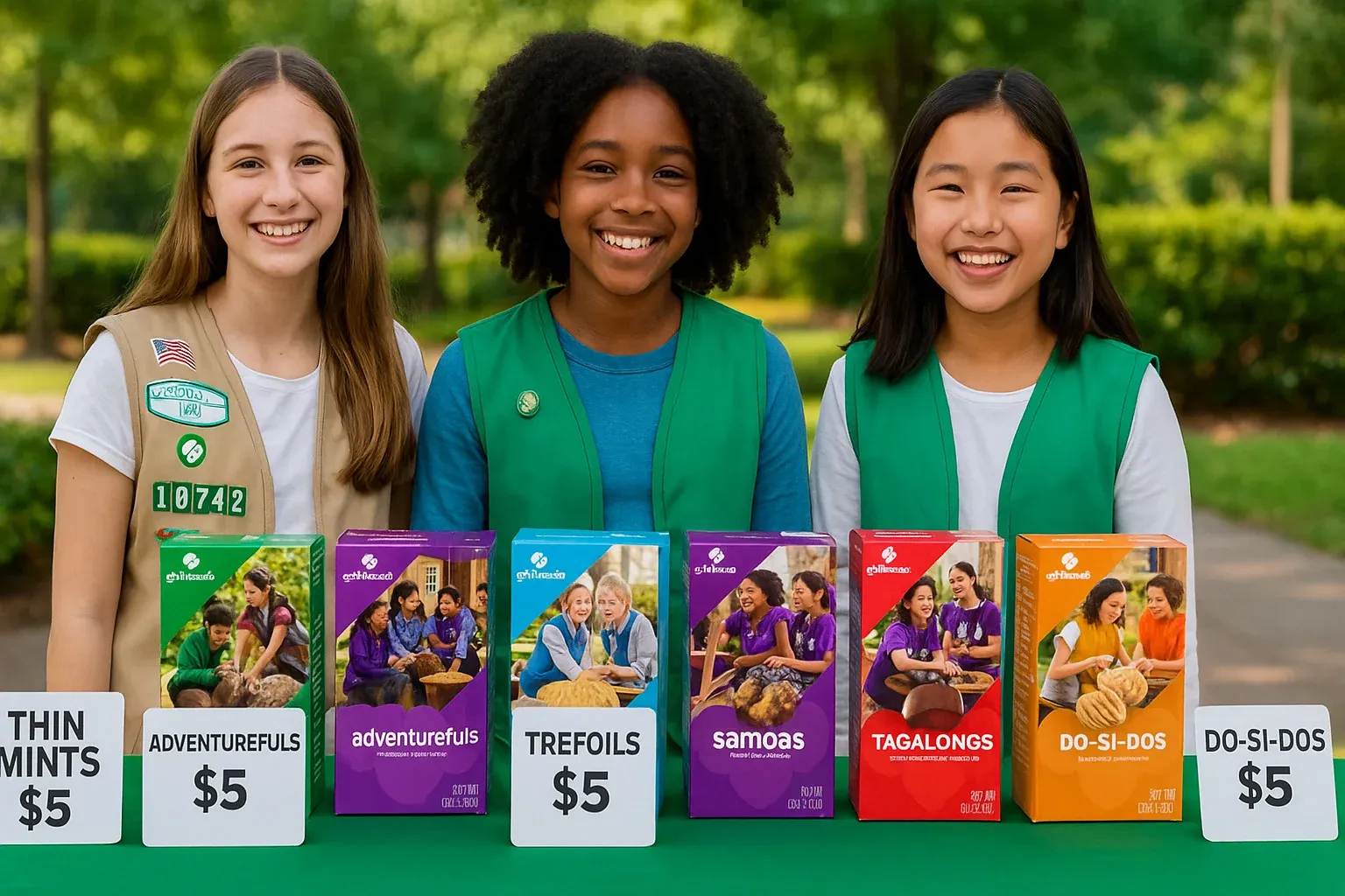 Girl Scout Cookie boxes close-up with price tags