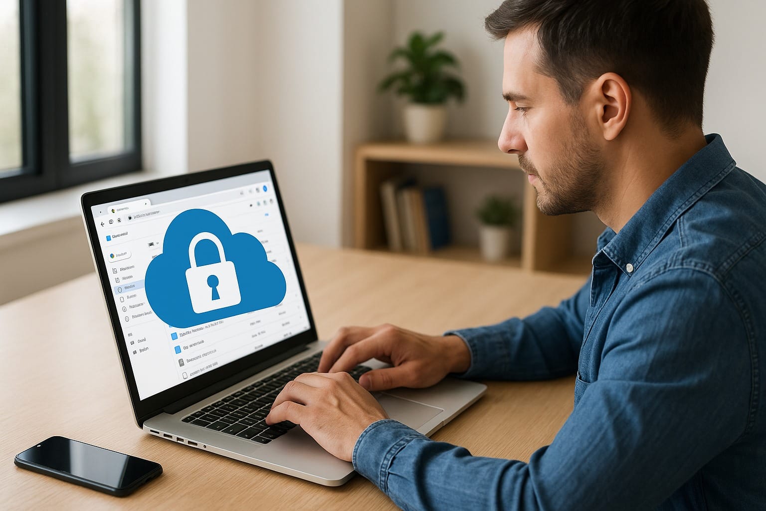 Person managing files on a cloud drive with security lock icon.