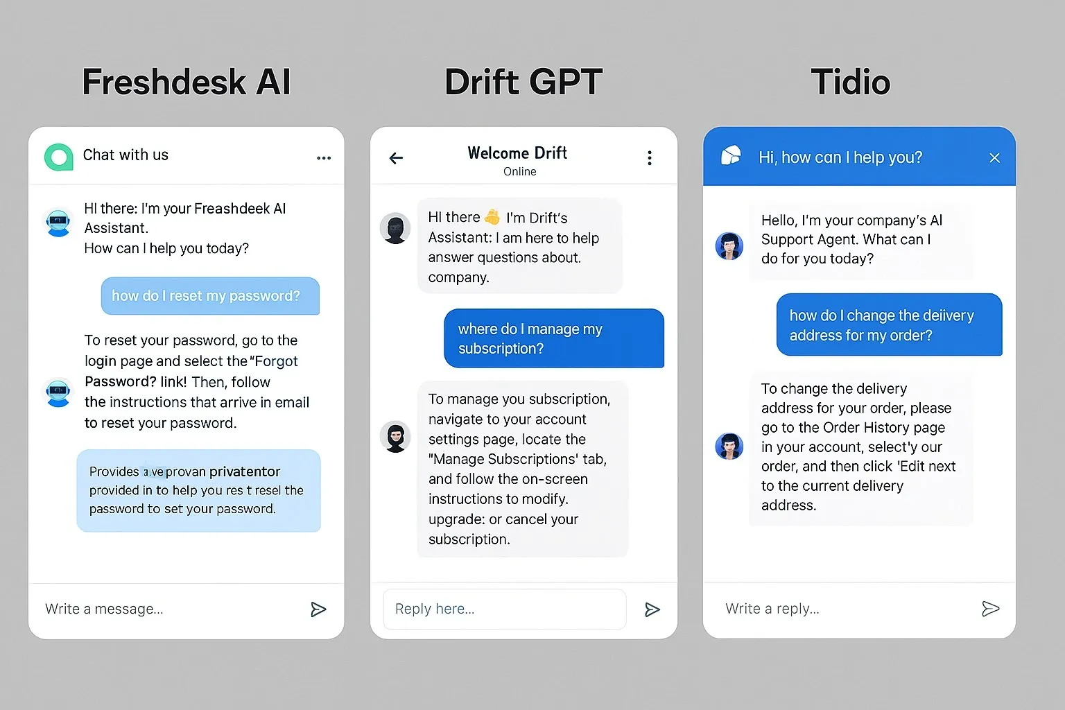 Comparison of Freshdesk, Drift, and Tidio AI customer support tools.