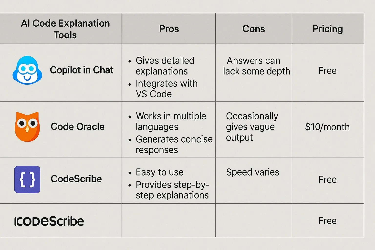 Table comparing GitHub Copilot Labs, ChatGPT, ExplainThisCode, and CodeSquire.