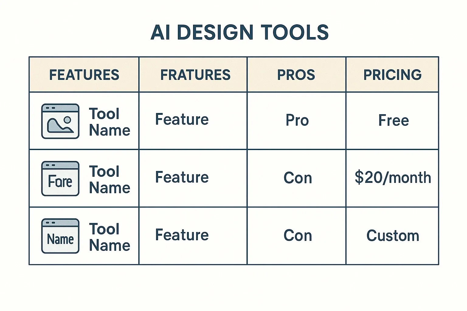 Table comparing Canva AI, Looka, Designs.ai, Microsoft Designer, and Khroma with features and pricing.