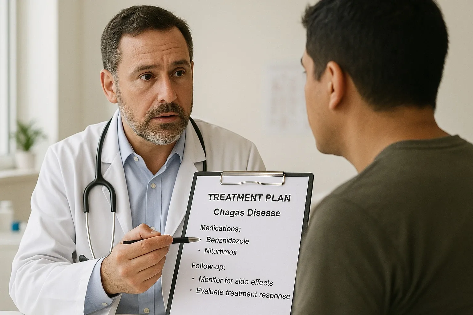 Doctor discussing Chagas disease treatment plan.
