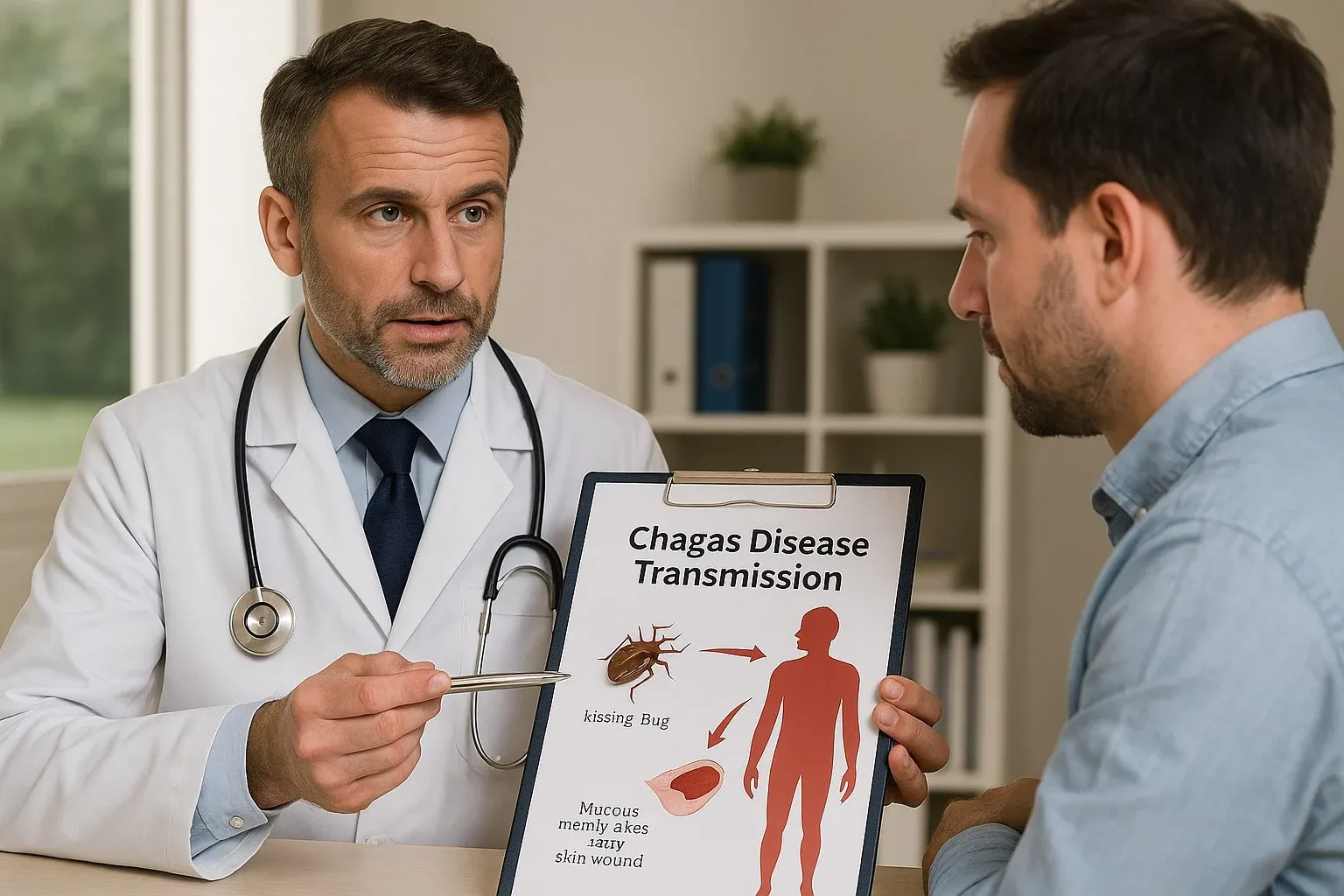 Doctor explaining Chagas disease spread to patient.