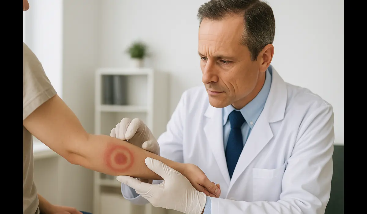 Doctor diagnosing Lyme disease rash for early treatment.