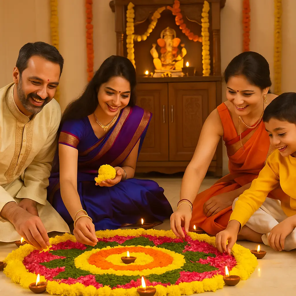 family making diwali rangoli with flowers