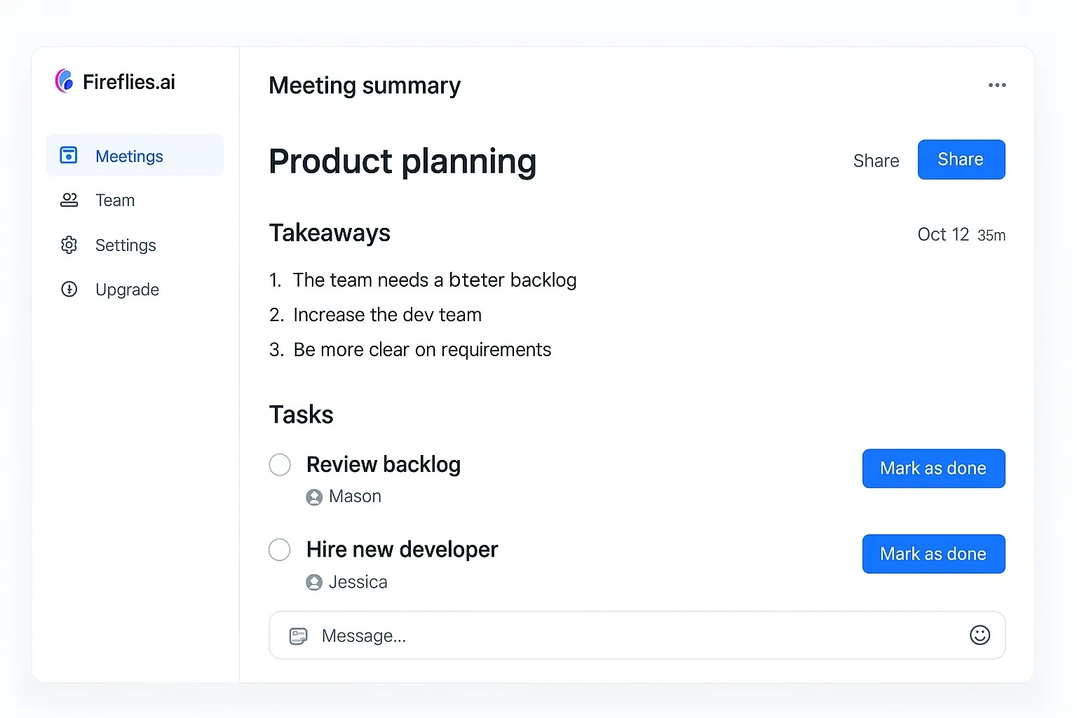Fireflies.ai summarizing meetings into action items.